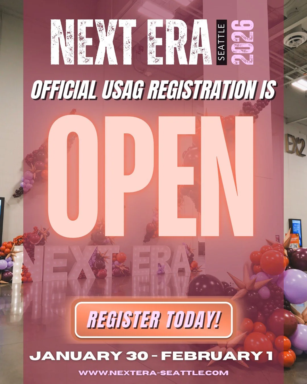🚨 TODAY IS THE DAY! 🚨
USAG registration for Next Era – Seattle 2026 is officially OPEN!
We already have 25+ gyms and over 1,900 athletes pre-registered — and spots are filling up FAST.
Secure your team’s spot at one of the most