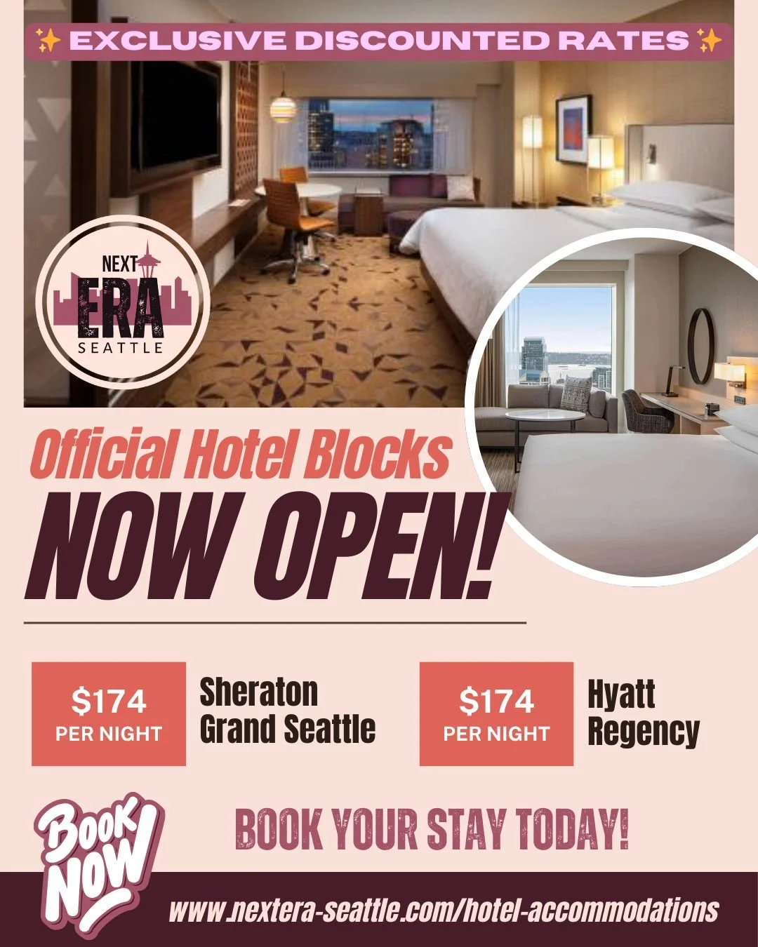 ✨ Heading to Seattle for the 2026 Next Era Meet? ✨
We’re excited to share that hotel blocks are now open with exclusive discounted rates for our participants and families!
🏨 Sheraton Grand Seattle – $174 per night
🏨 Hyatt Regency Seat