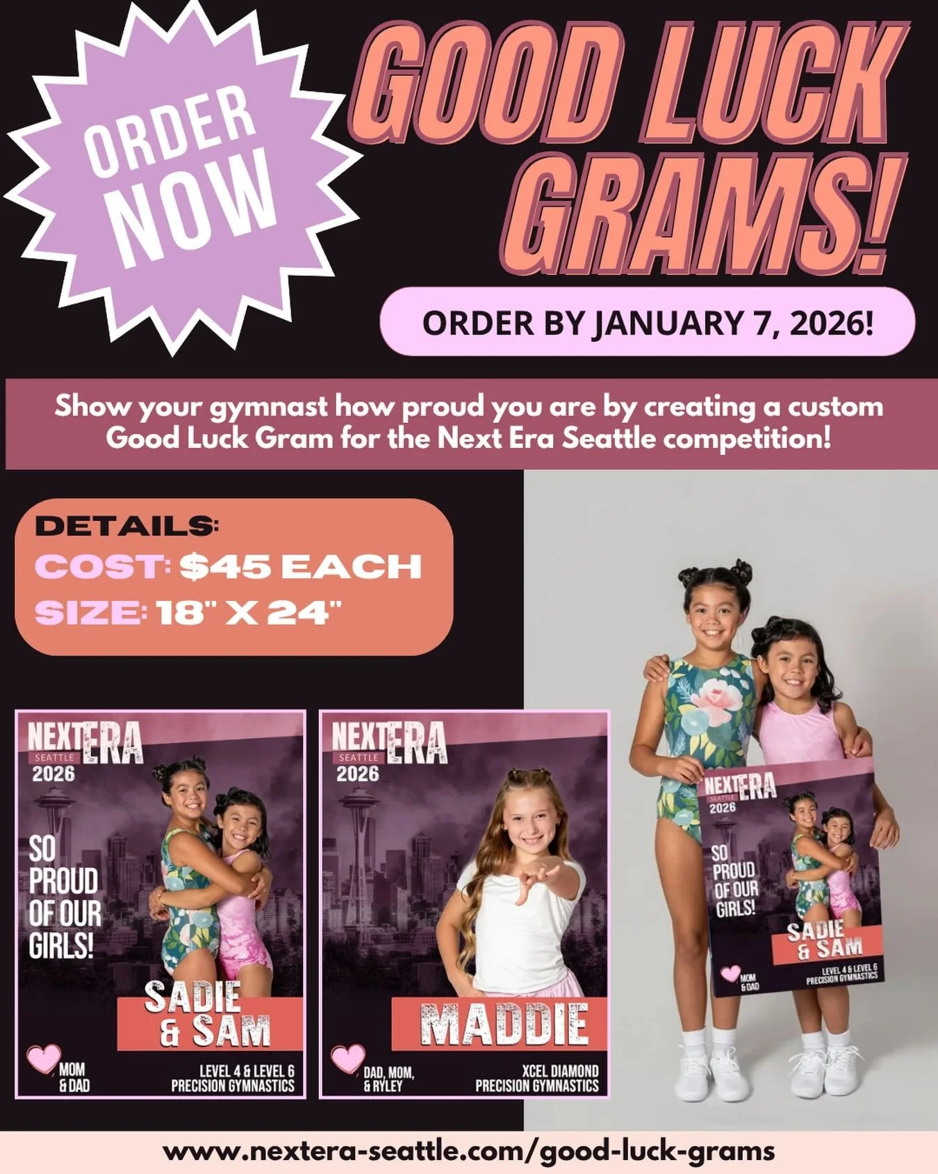 🎉 Cheer On Your Gymnast with a Good Luck Gram! 🎉

Give your gymnast an extra boost at Next Era Seattle 2026 with a custom Good Luck Gram! These personalized 18&rdquo; x 24&rdquo; displays will be showcased at the meet, adding a special touch of enc