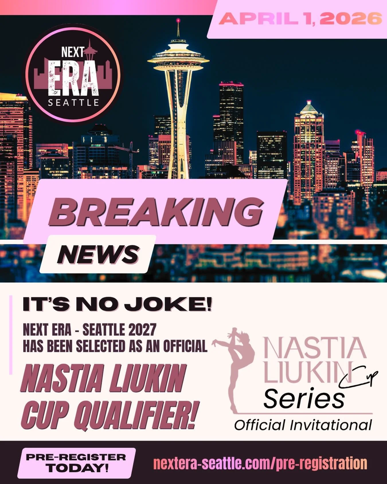 It&rsquo;s no joke&hellip; 👀✨

Next Era - Seattle is OFFICIALLY a Nastia Liukin Cup Qualifier for 2027! 🤩

We are honored to be selected as 1 of ONLY 22 meets in the nation and cannot wait to kick off the competition season with you in the PNW.

📅