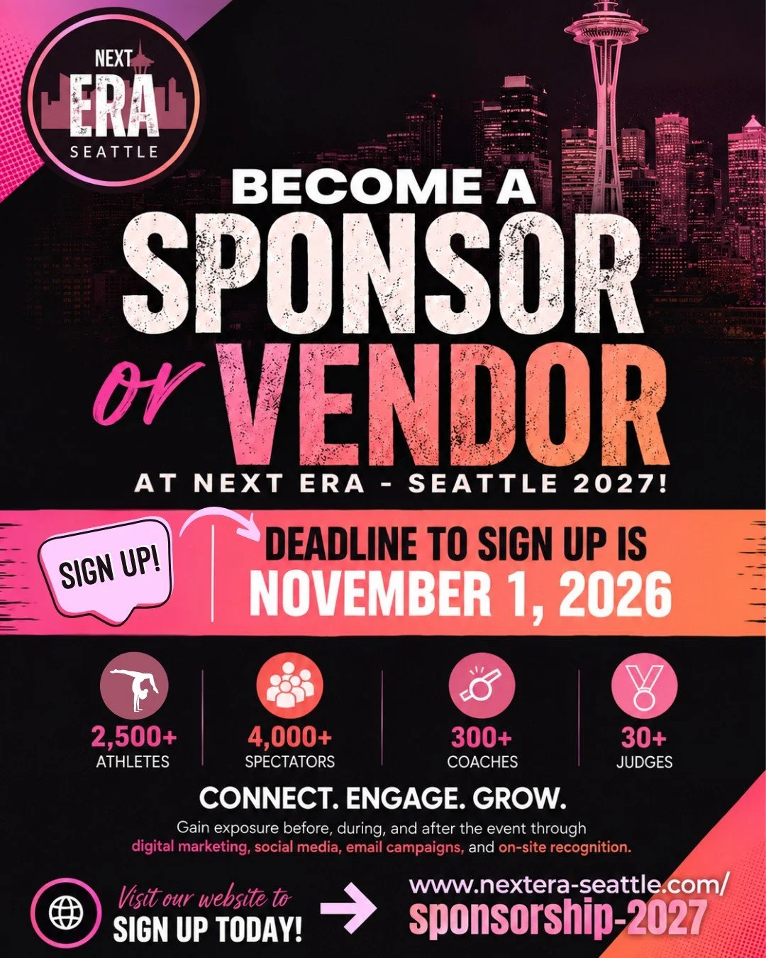 Become part of the action at Next Era - Seattle 2027! 🔥

We&rsquo;re looking for sponsors + vendors ready to connect with 2,500+ athletes, 4,000+ spectators, 300+ coaches, and 30+ judges from across the country.

✨ Build your brand. Connect with our