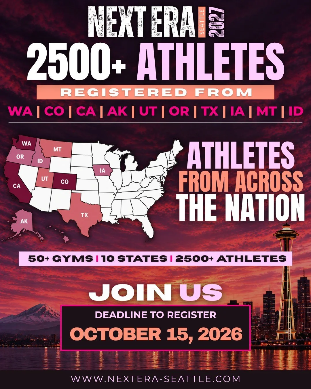 🔥 2,500+ ATHLETES. 10 STATES. ONE HUGE WEEKEND IN SEATTLE. 🔥

Next Era - Seattle 2027 is bringing athletes from across the country together for an unforgettable weekend of gymnastics at the Seattle Convention Center Summit Building!

 📍 Seattle, W