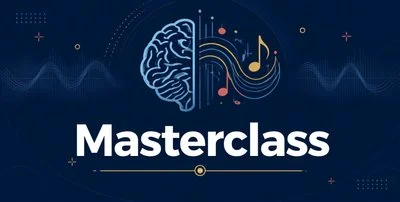 Graphic with a brain and musical notes, titled 'Masterclass' on a dark blue background.