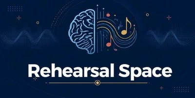 Graphic design featuring a brain with musical notes and sound waves, titled 'Rehearsal Space'.