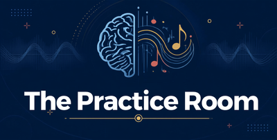 Illustration of a brain with musical notes and sound waves, with the text 'The Practice Room' on a dark background.