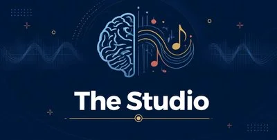Graphic of a brain with sound waves and musical notes representing the studio.