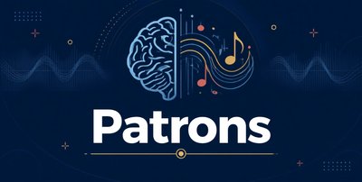 Graphic design of a brain with musical notes and a starry background, with the word 'Patrons' in bold white text.
