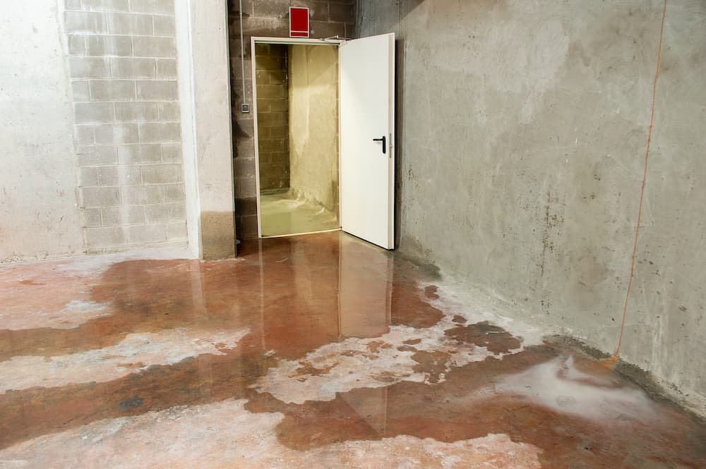 Standing water on a concrete basement floor caused by hydrostatic pressure and foundation seepage.