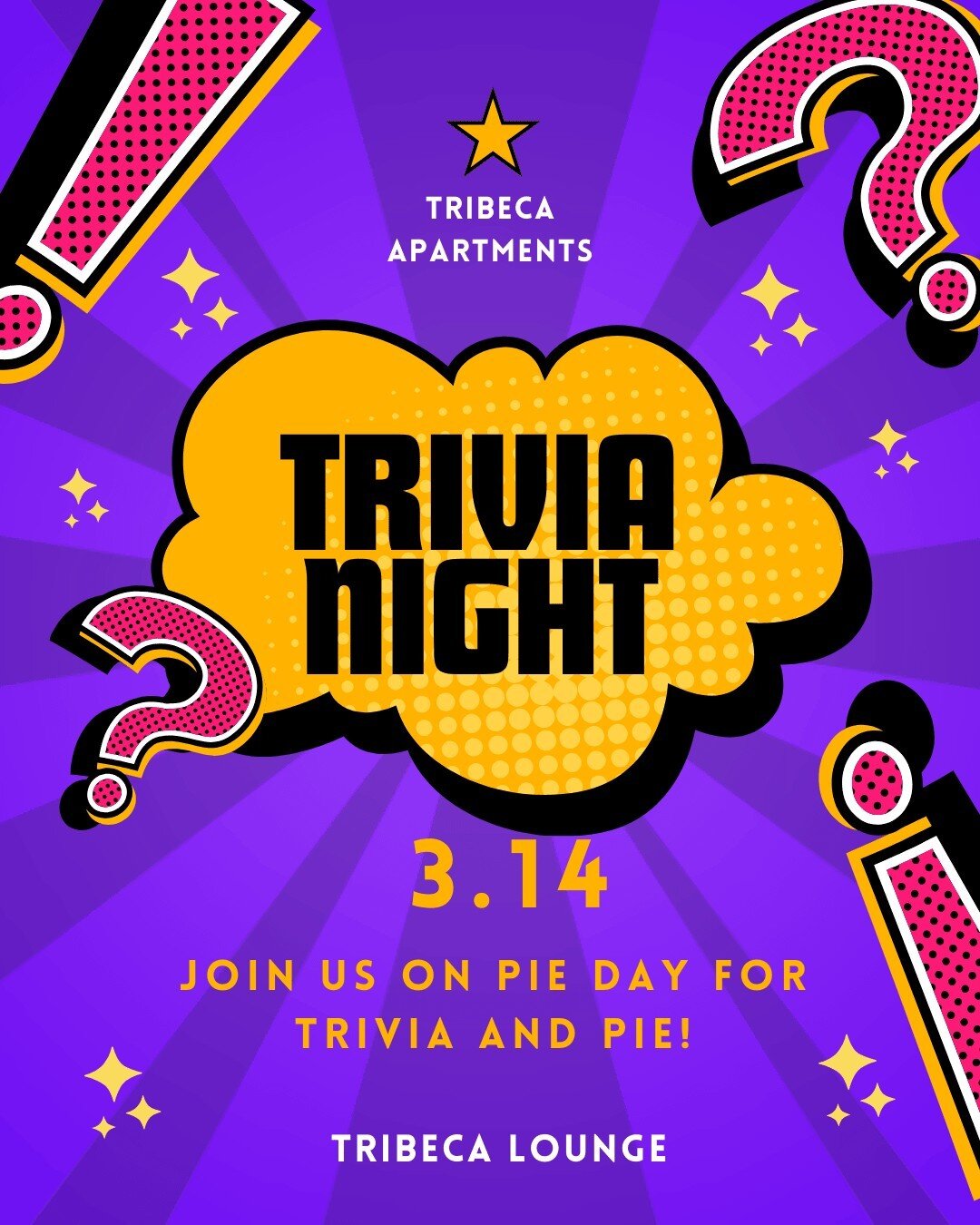 Pie Day (3.14) is tomorrow!! We figured what's better than an assortment of pies and trivia!
Trivia starts between 6-6:30 P.M. Teams no larger than six! The categories are: Disney, Sitcoms, Pop Culture, Movies, Music, and Super hero's! RSVP your team