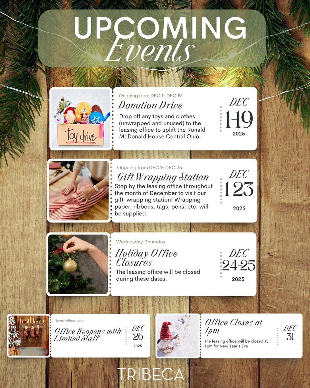 Happy December everyone! The Tribeca Team wanted to share some events that we have in store for December! 

⭐️Ronald McDonald Toy Donation Drive: Drop all unwrapped and unused toys to the leasing office from 12/1-12/19
⭐️Gift Wrapping Station: Stop b