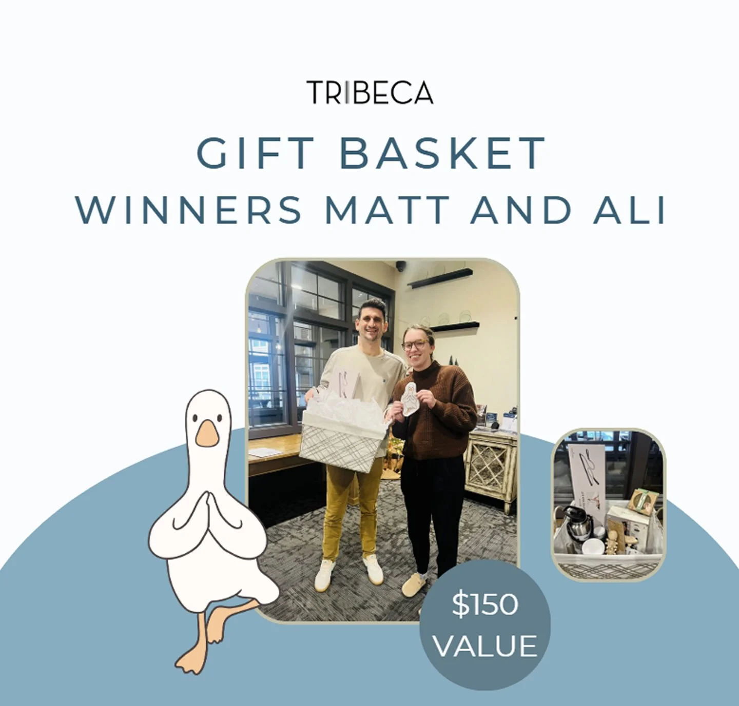 Our Zen Goose has been found! Winners Ali and Matt found our goose trying to get it's steps in on one of our stairwells, so they are our Tribeca's lucky winners for our Jumpstart to Wellness Basket! Thank you for all of those who were hunting, we hop