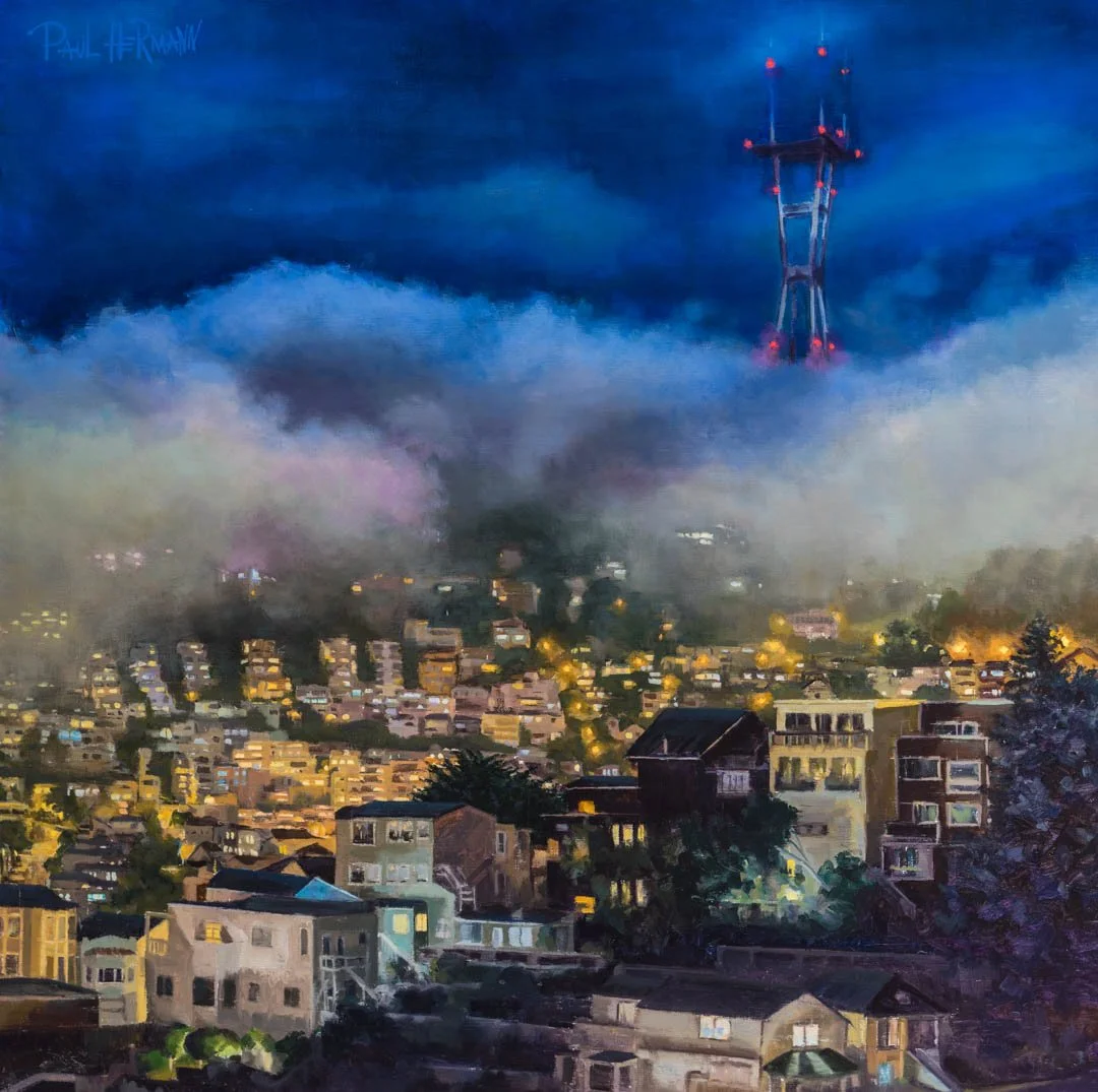 Twin Peaks With Fog At Night - 24"x24", oil, 2017.