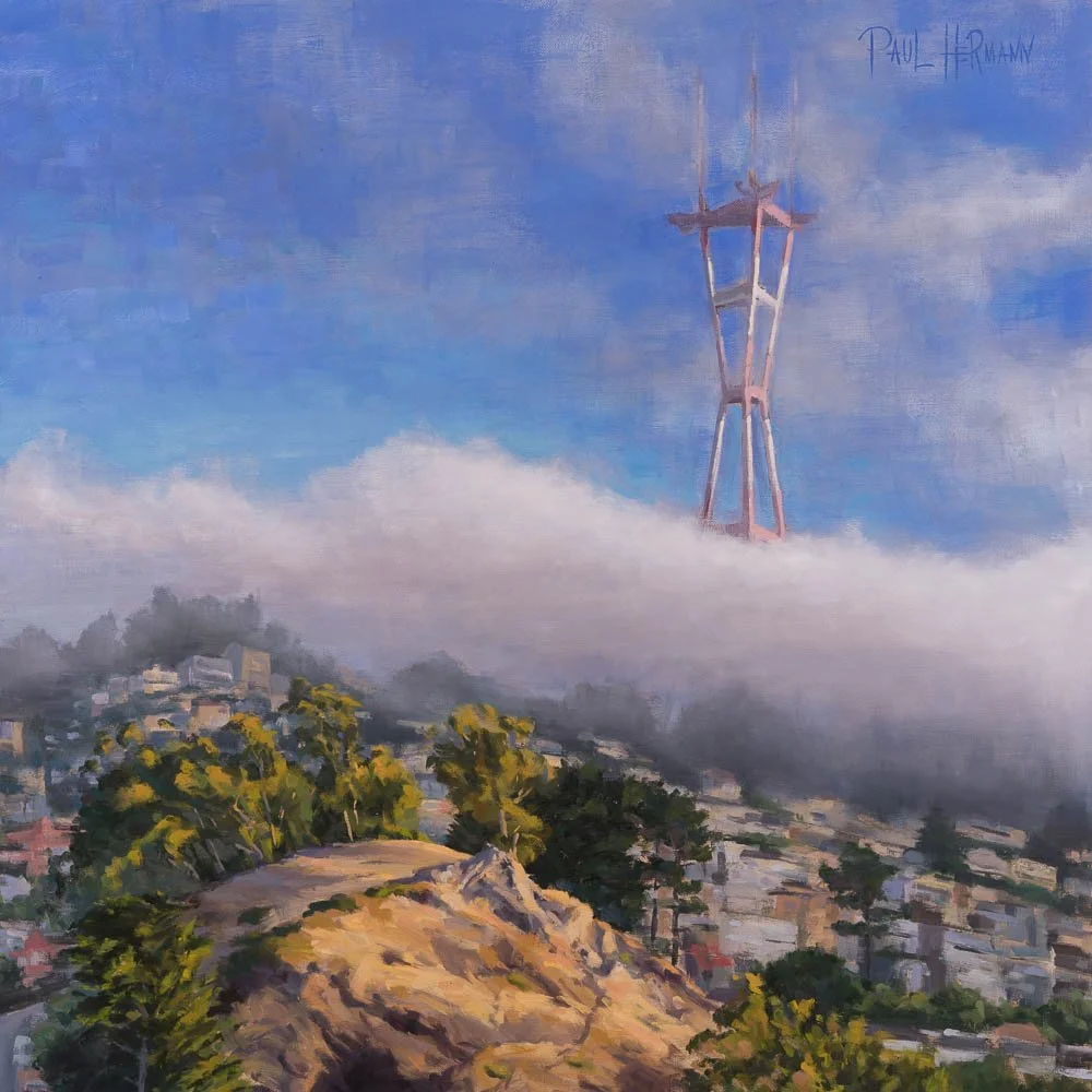 Tank Hill and Sutro Tower with Fog - 24"x24", oil, 2016.