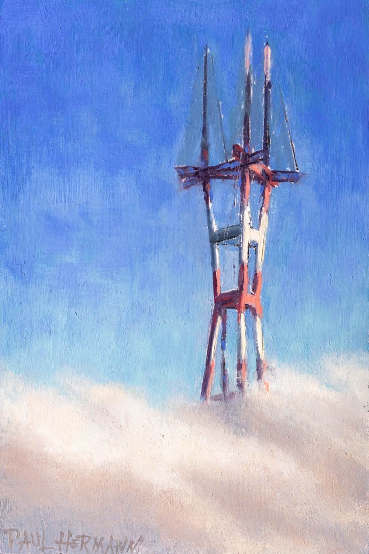 Sutro Tower In Clouds - 6"x4", oil, 2018.