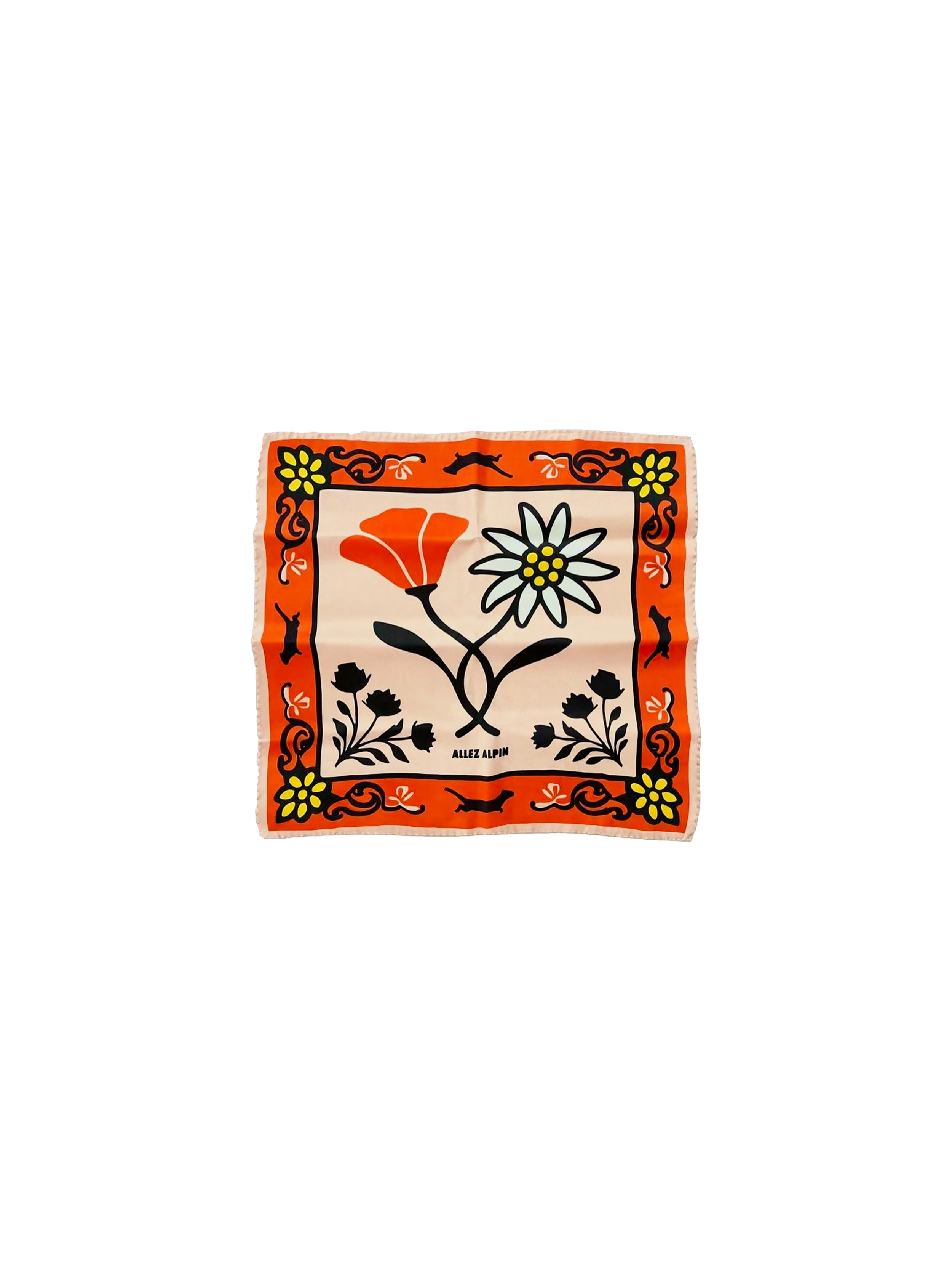 A colorful handkerchief with floral and animal motifs, featuring two large flowers and a border with butterflies and flowers, with the words "Allez Alpin" at the bottom.