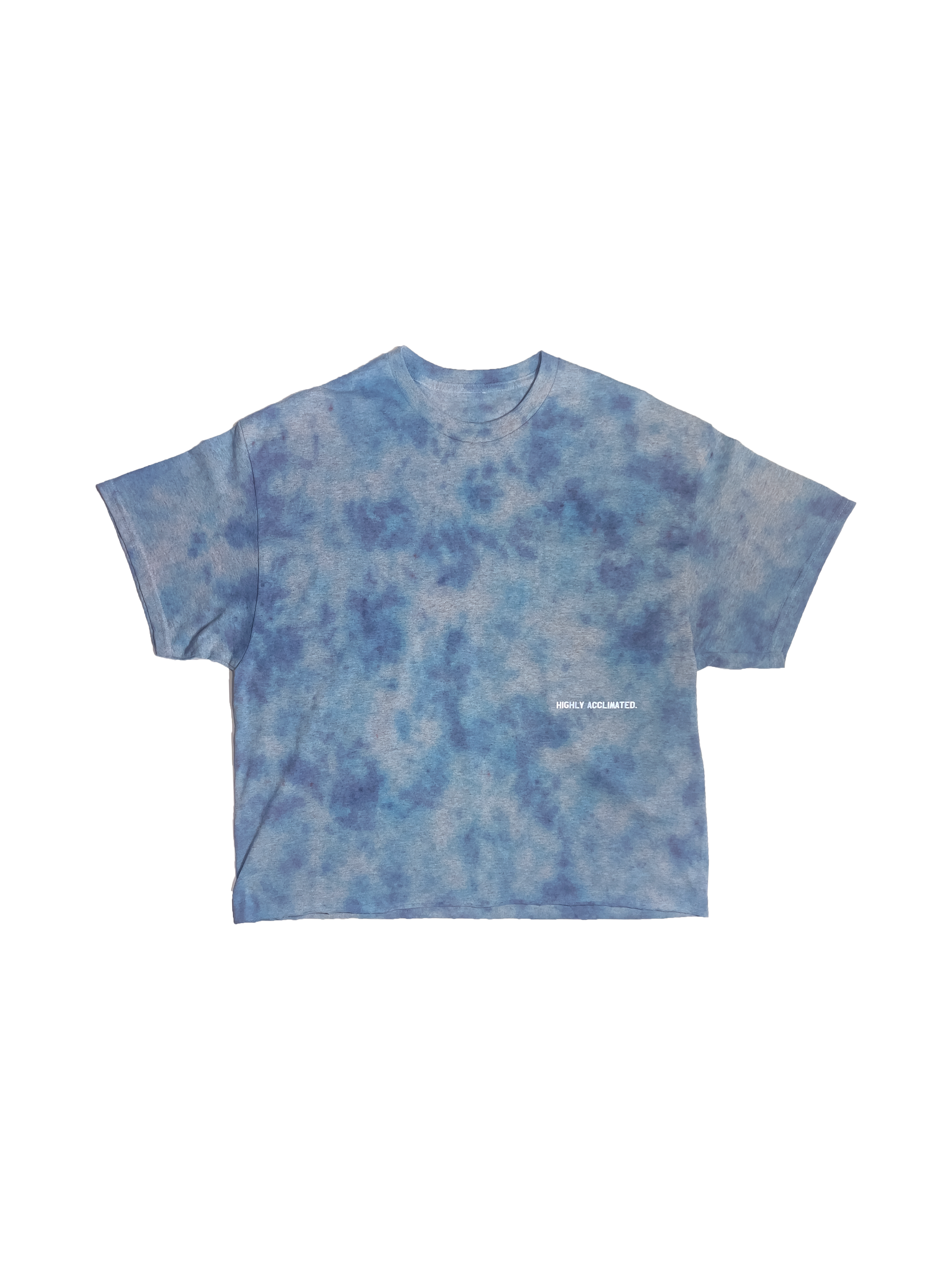 A blue tie-dye T-shirt with the phrase 'HIGHLY ACCLIMATED.' printed in small white text on the right side of the chest.