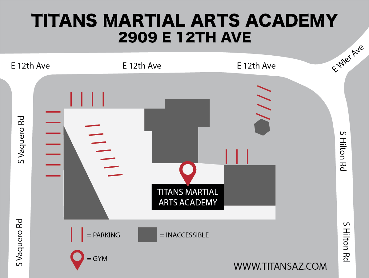 Map of Titans Martial Arts Academy at 2909 E 12th Ave, with parking areas, accessible zones, gym marked, and surrounding streets including E 12th Ave, E Wier Ave, S Hilltop Rd, and S Vaquero Rd.
