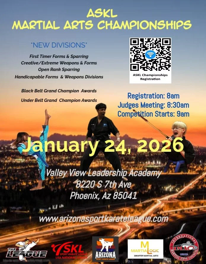 Poster for the ASKL Martial Arts Championships event on January 24, 2026, at Valley View Leadership Academy in Phoenix, Arizona. The poster lists new divisions, registration and event times, and sponsors.