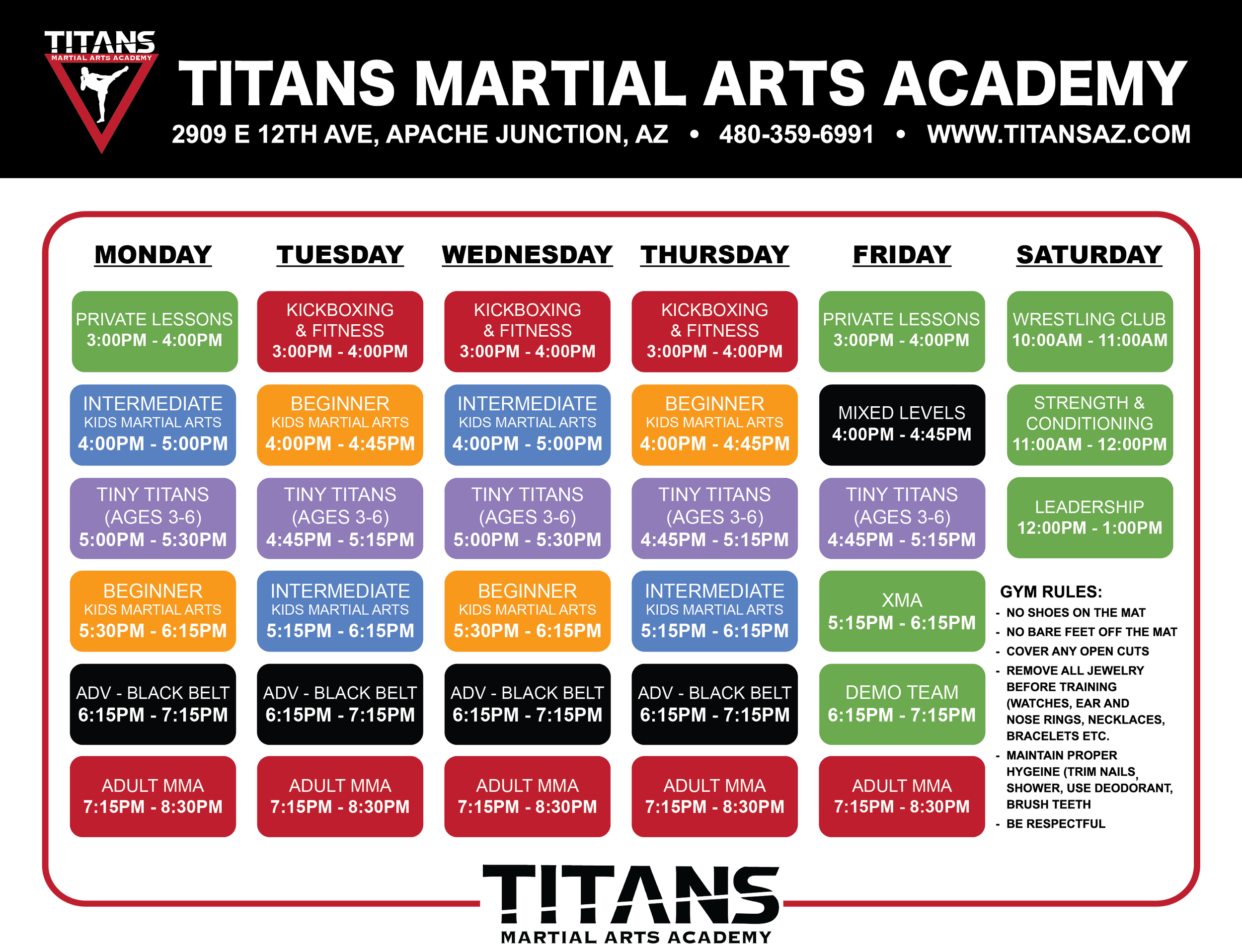 Weekly schedule for Titans Martial Arts Academy, displaying classes and activities from Monday through Saturday with different colors for each class type, including private lessons, kids martial arts, adult MMA, and others, along with gym rules and hygiene guidelines.