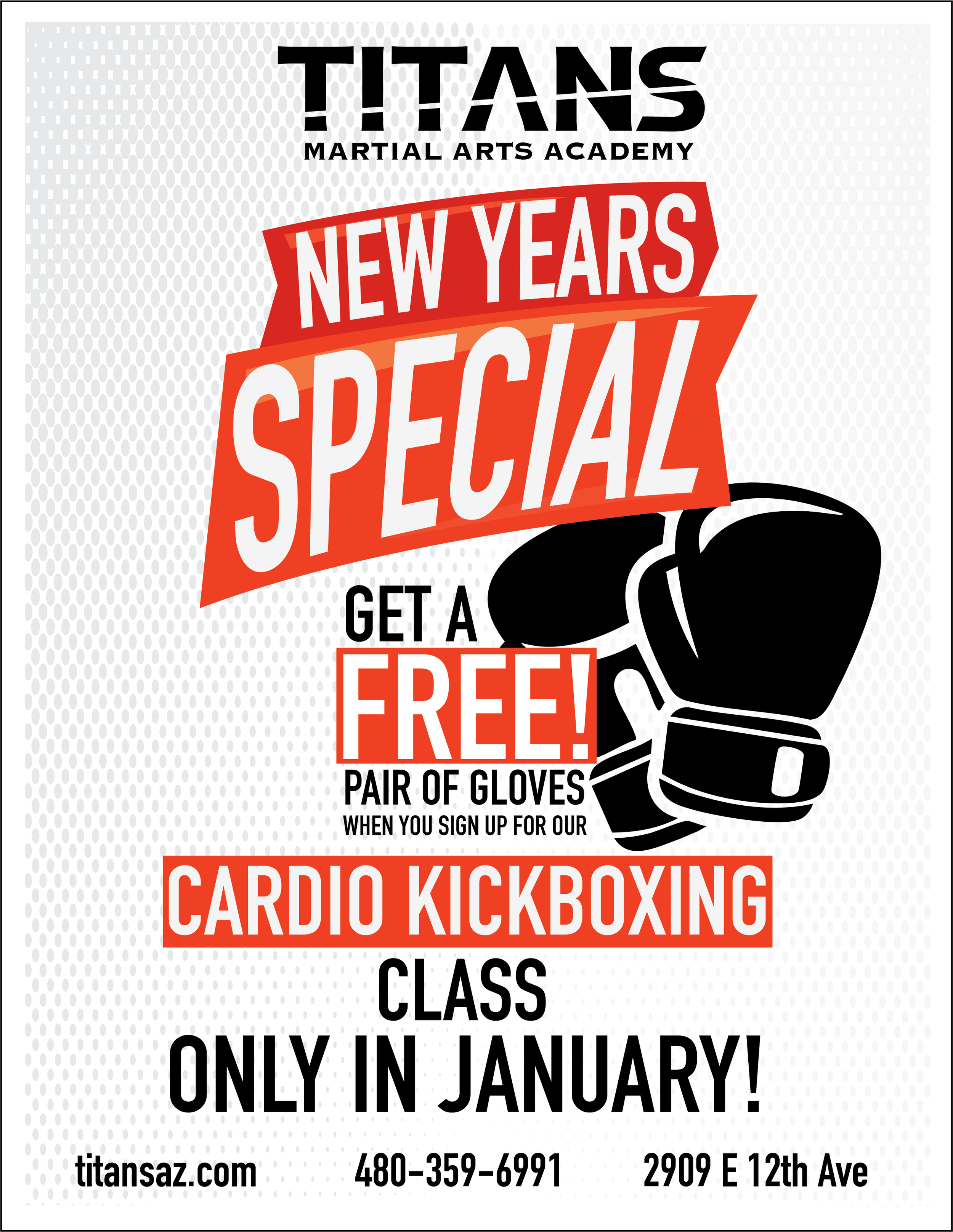 Promotional flyer for Titans Martial Arts Academy advertising New Year special offer: get a free pair of gloves with sign-up in January for cardio kickboxing class, including website, phone number, and address.