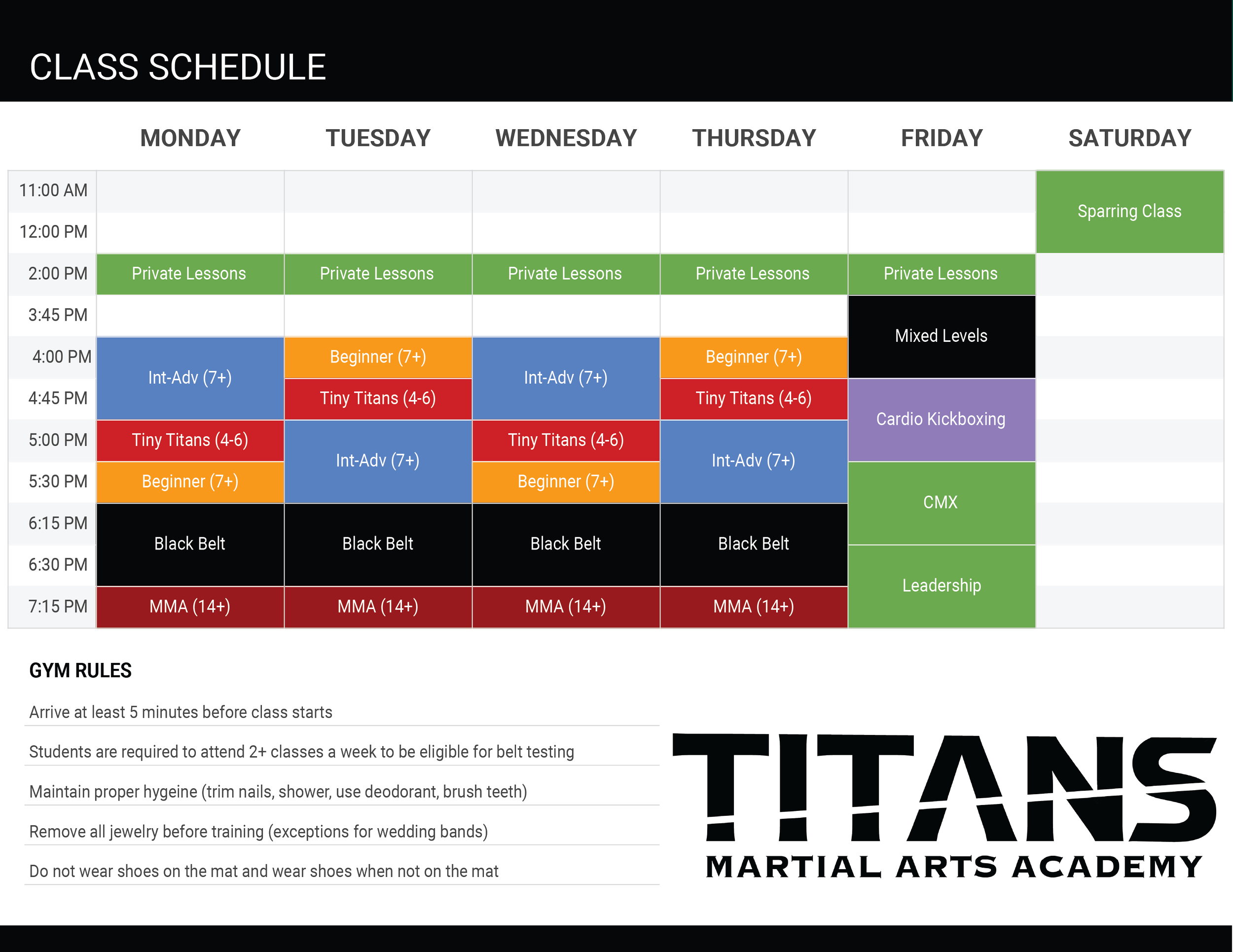 Weekly class schedule for a martial arts gym, detailing class types and times from Monday to Saturday, with rules and a logo that reads ‘Thanks Martial Arts Academy.’