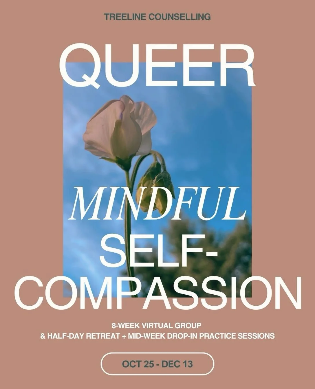 Queer Mindful Self-Compassion Group 🌈
 &bull; 8 Sundays from October 25th-Dec 13th 2026, 10:00-12:30 (PT
&bull; PLUS a half-day silent retreat on Saturday November 28th
&bull; Includes free access to an optional drop-in practice group on Wednesdays 