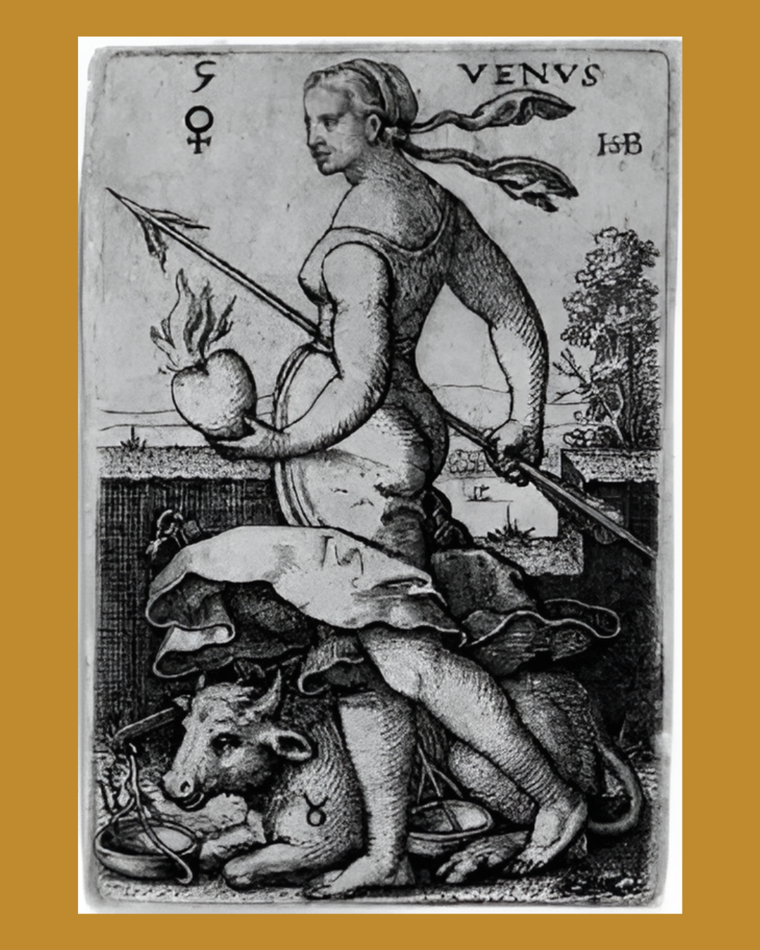 Aphrodite striding confidently with a spear in one hand and a flaming heart in the other, with a bull by her feet.