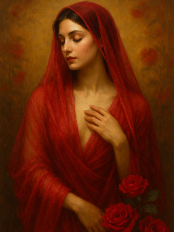Mary Magdalene in a red dress with a red shawl over her head. She has her eyes closed as she gently touches her heart with a red rose in her other hand.