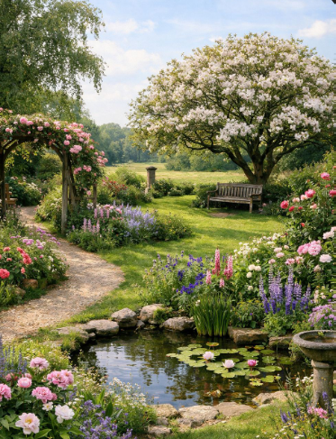 A beautiful garden with many flowers in bloom