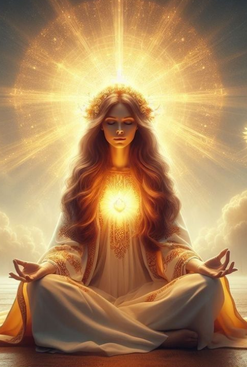 A priestess meditating with christ consciousness appearing as a golden light in her heart. There is a glowing golden light that emanates from the crown of her head in the shape of a multi-spoked cross.
