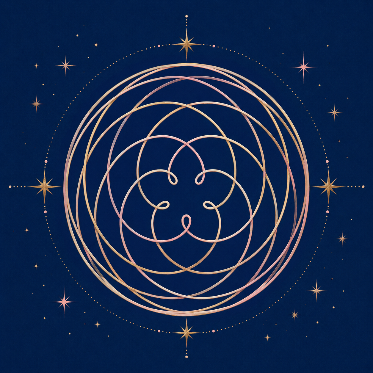 Decorative Rose of Venus illustration with interwoven gold and blush-pink loops forming a flower-like pattern, surrounded by stars on a deep blue background.