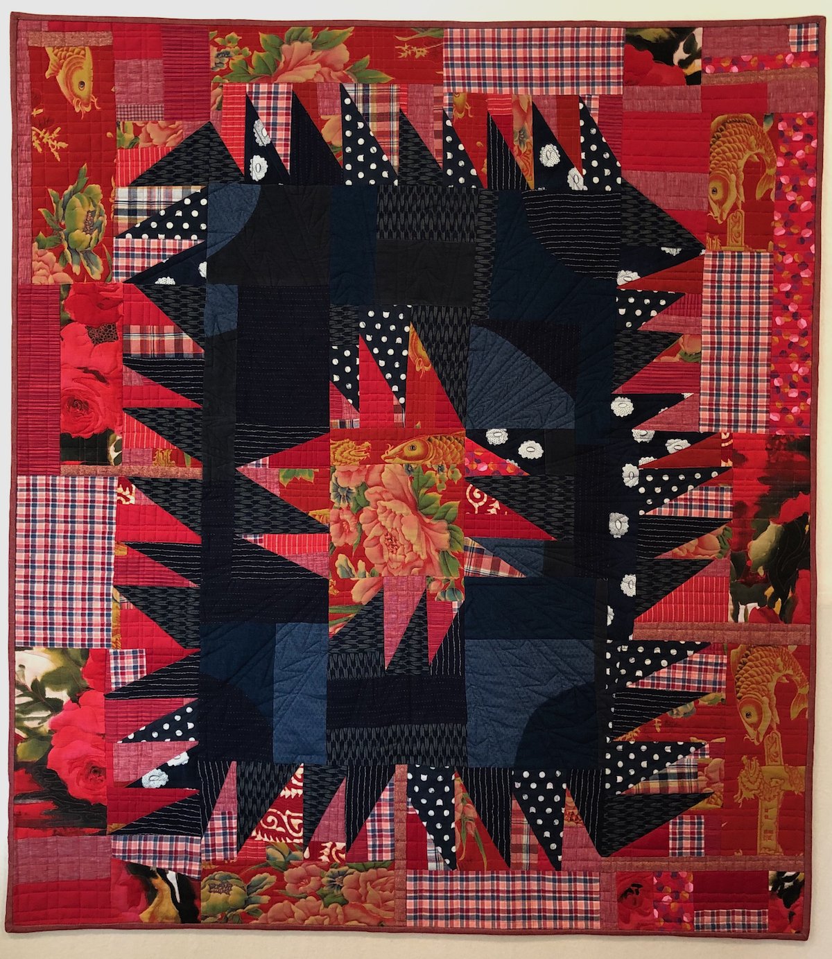 Koi Star, 2020.
Made of thrifted and reclaimed fabric. Quilted by "Bob" Gentili @thegeekybobbin.