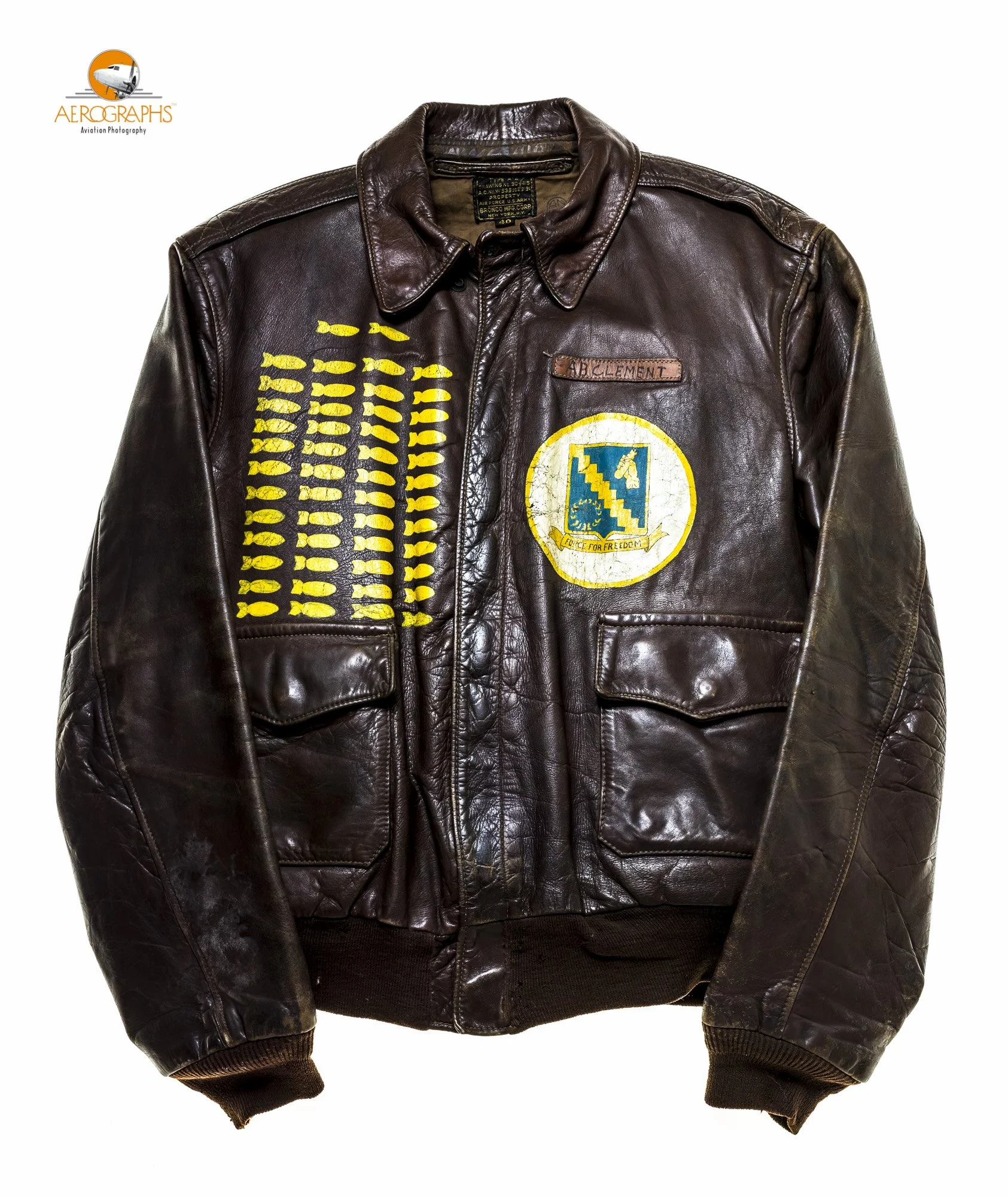 The A2 jacket of Mr. A.B. Clement, a B-24 top gunner who flew 50&nbsp;missions, and lived to tell the tale. &nbsp;©2014 John Slemp