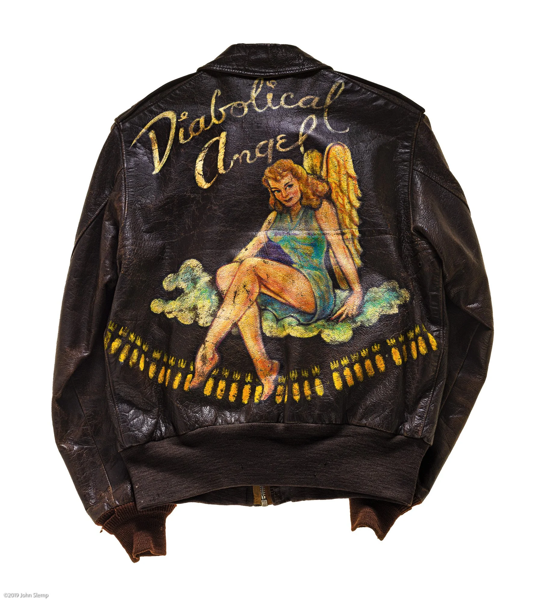 This jacket was owned by a member of the 401st Bomb Group, and was painted by Harry Holl, who became a famous painter and potter after the war.  One of two in existence.