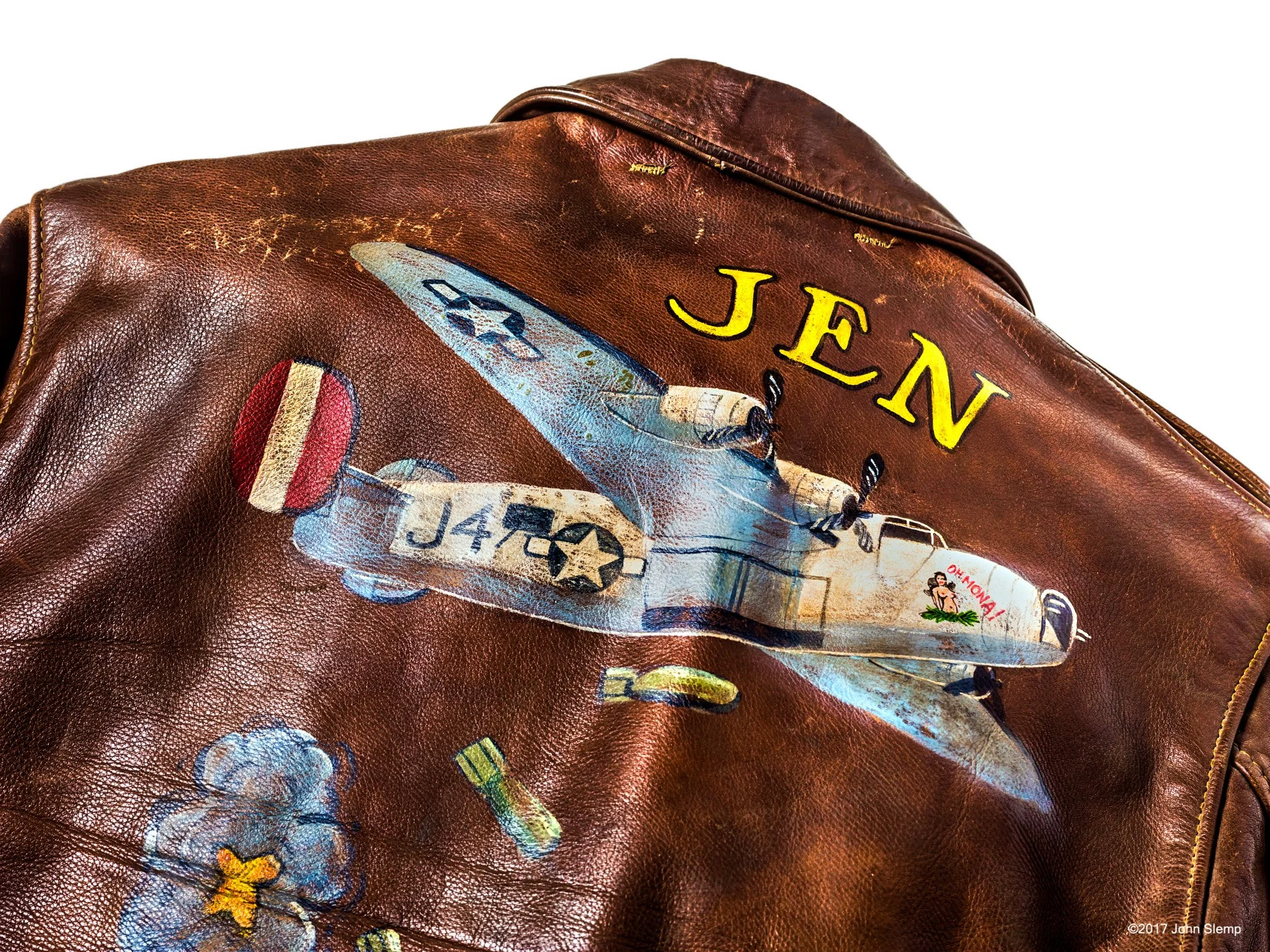 Dale Dyer was a B-24 lead bomber pilot in WWII, flying out of England.  His wife's name was Virginia, thus the "Jen" on the back of the jacket.