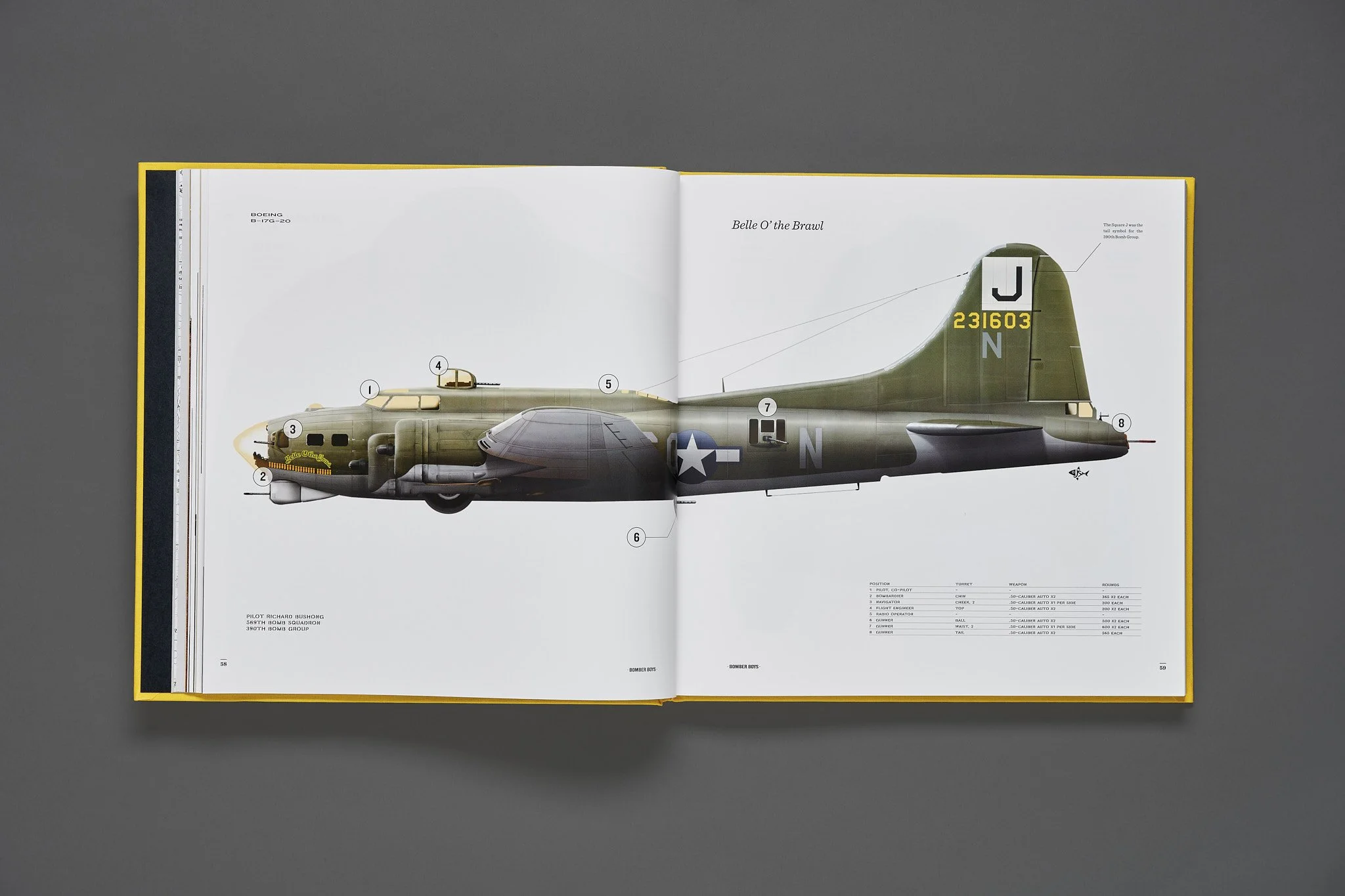 An illustration from the book "Bomber Boys:  WWII Flight Jacket Art," displaying a detailed diagram of a B-17G "Flying Fortress", with labeled crew positions and armaments.  Artwork by John Mollison.