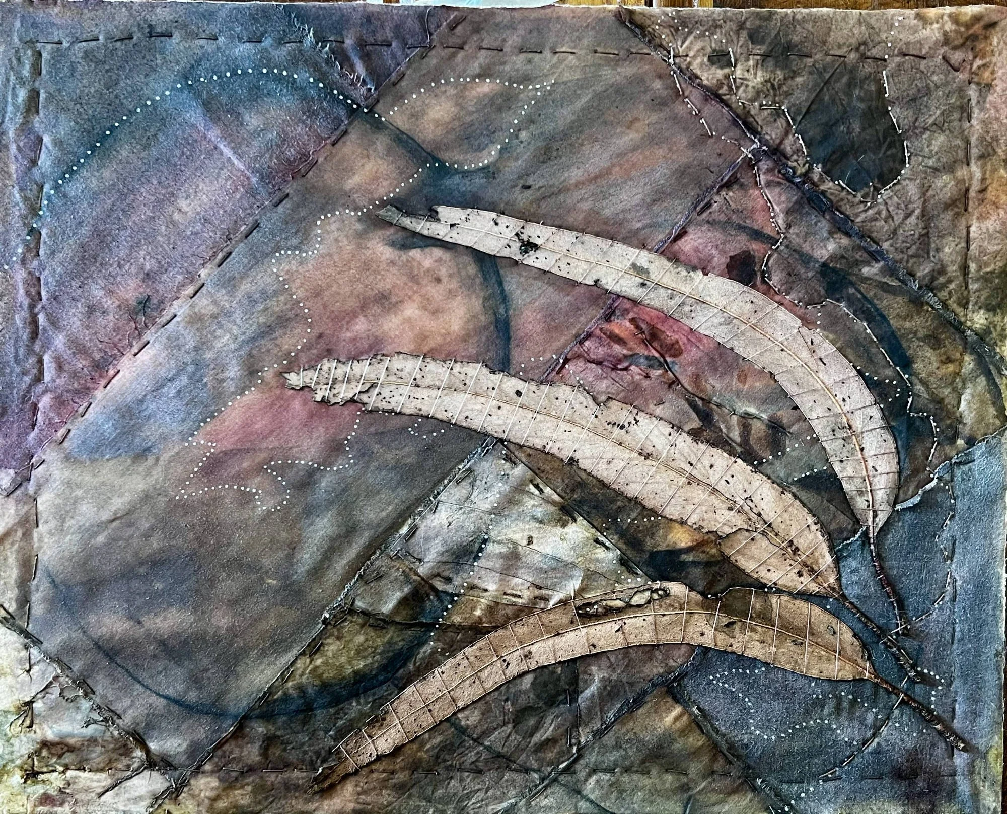 Blue gum leaves stitched onto fabric and paper collage - Cheryl
