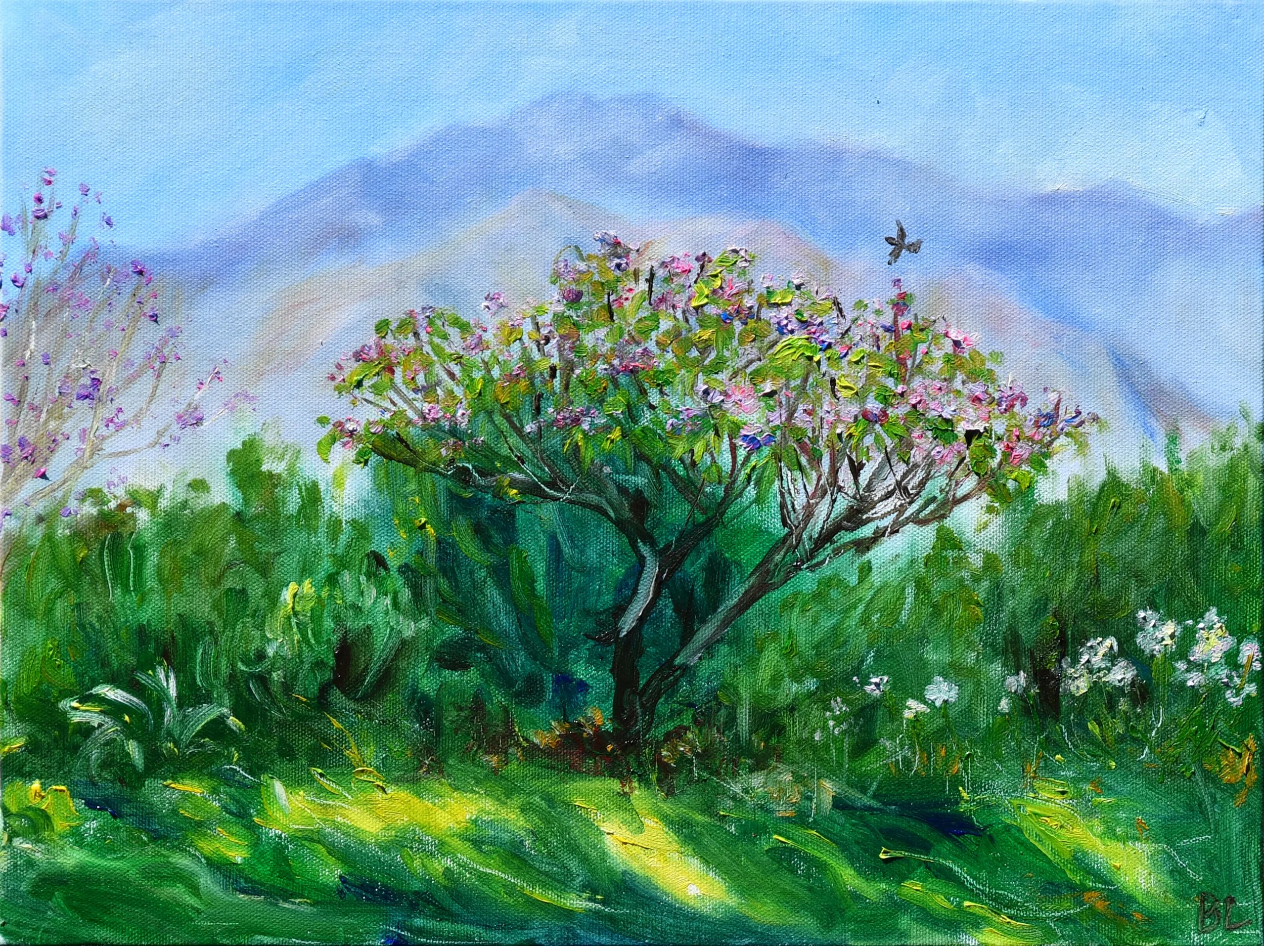 Tree with Pink Flowers, Oil on Canvas Board, 2025