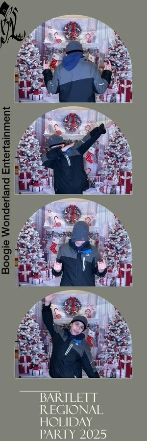 Four photos of a person in a winter coat and hat in front of Christmas decorations, celebrating at the Bartlett Regional Holiday Party 2025, with festive background and presents.
