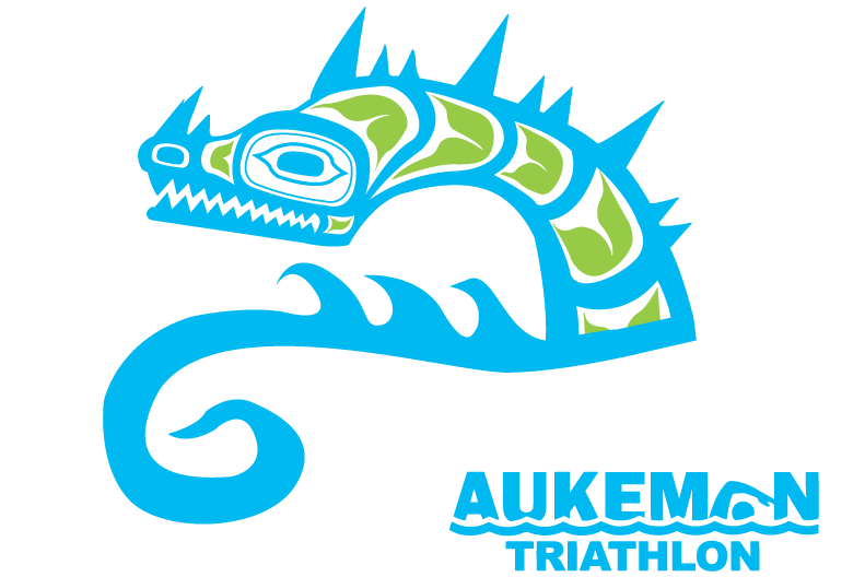 Logo featuring a stylized blue and green chameleon and the text 'AUKEMAN TRIATHLON'.