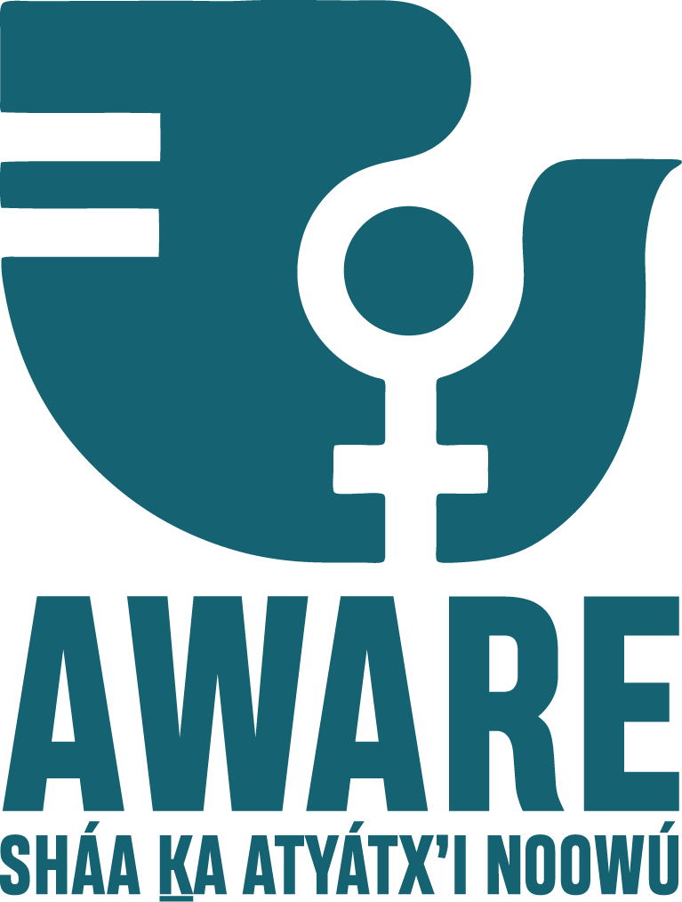 Awareness logo with a stylized female gender symbol integrated into a circular design, and the text 'AWARE' and 'SHAÁ KA ATYÁTX' NOOWÚ' beneath.