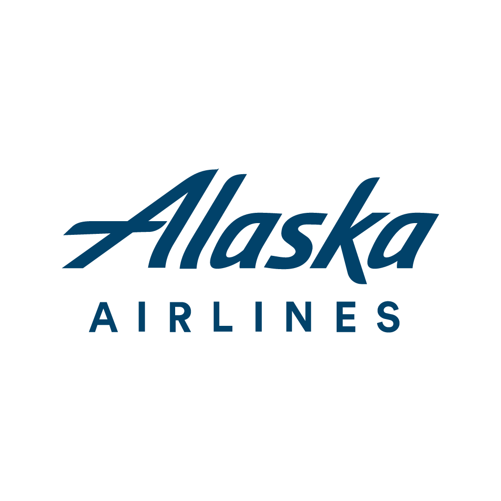 Logo of Alaska Airlines with a stylized image of a bird and the text 'Alaska Airlines' in blue.