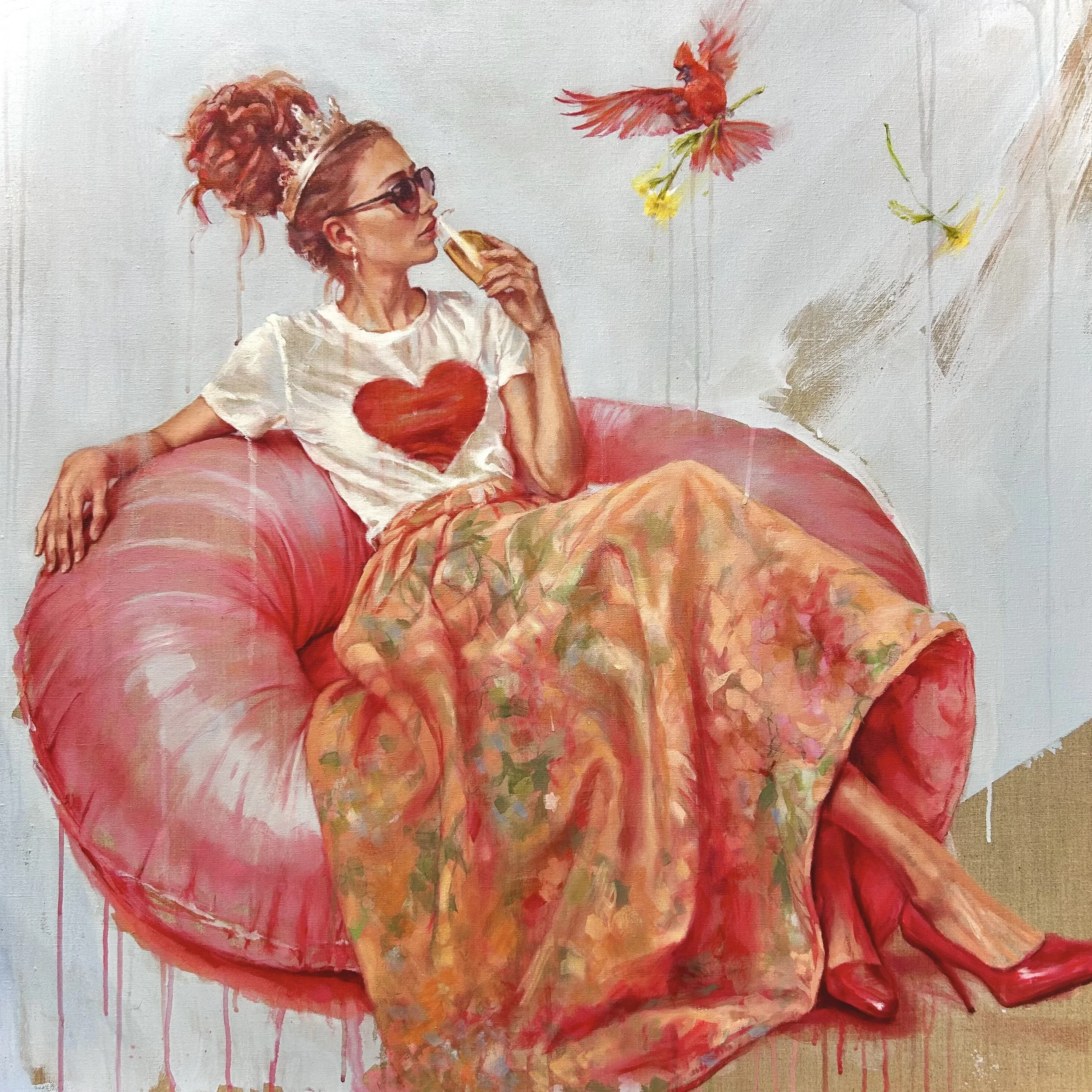 The Queen + The Red Cardinal  / 90 x 90cm /oil on raw belgian linen