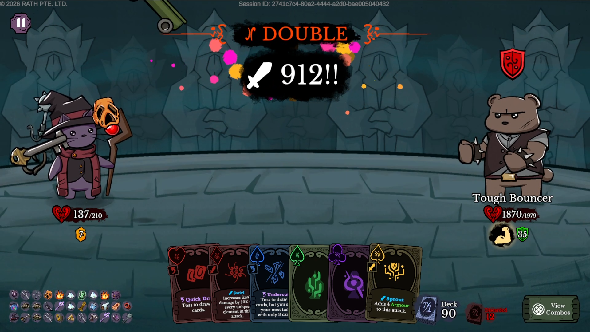 Screenshot of a card battle game showing two characters: a purple cat dressed as a wizard on the left with red health and a bear dressed as a businessman on the right with high health. The game interface displays various cards, stats, and abilities at the bottom and sides of the screen, with a score of 912 and a double attack indicator at the top.
