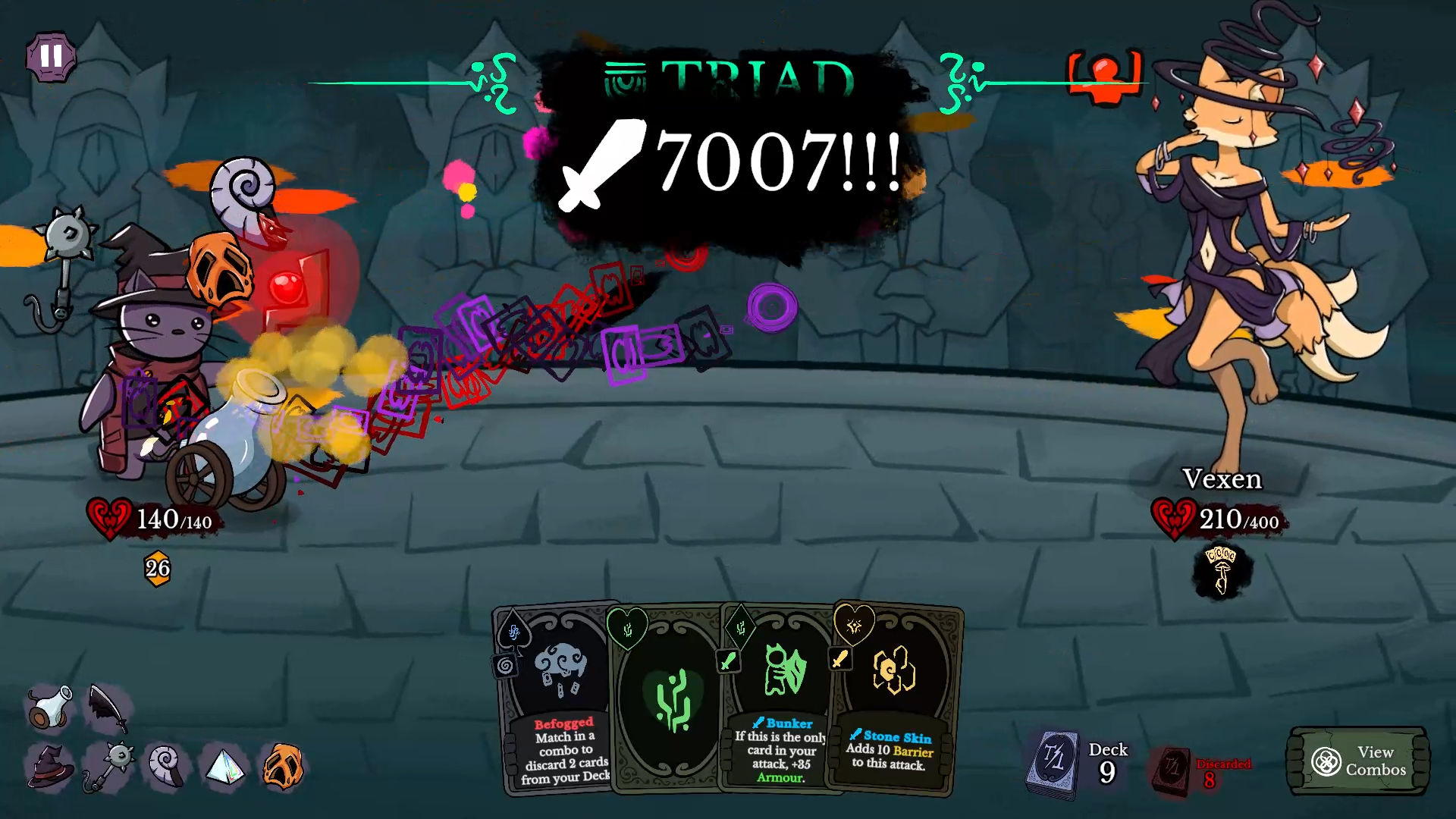 Screenshot of a turn-based card battle game with fantasy characters, including a cat with a pumpkin helmet and a female fox with a staff, engaged in combat. The screen shows health bars, a large black message in the center reading 'TRIAD 7007!!!', and various game controls and cards at the bottom.