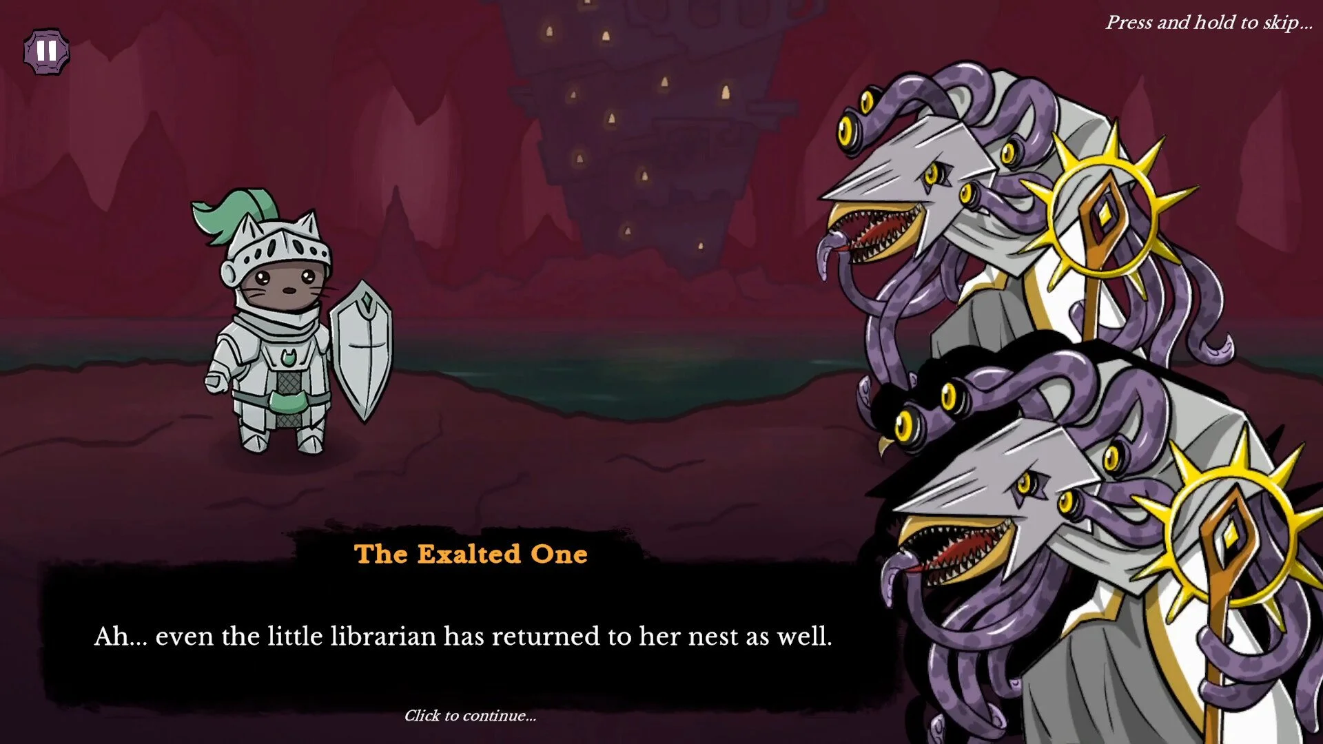 A cartoon-style scene from a game showing a small cat knight with a shield facing a large, multi-headed, snake-like creature with armored heads and many eyes, labeled "The Exalted One." The background is a dark, cavernous environment.