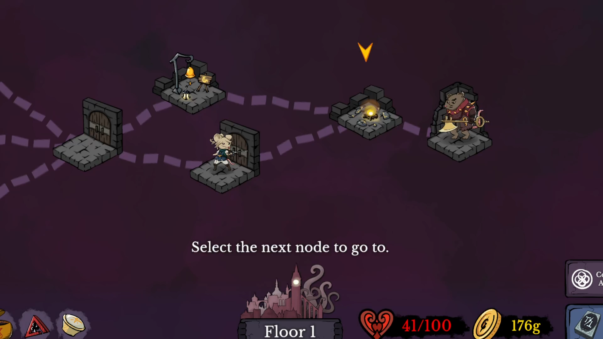 Video game scene with fictional characters on a dark, grid-based map featuring stairs, doors, a campfire, and a large enemy with a sword and shield. The environment resembles a fantasy setting.