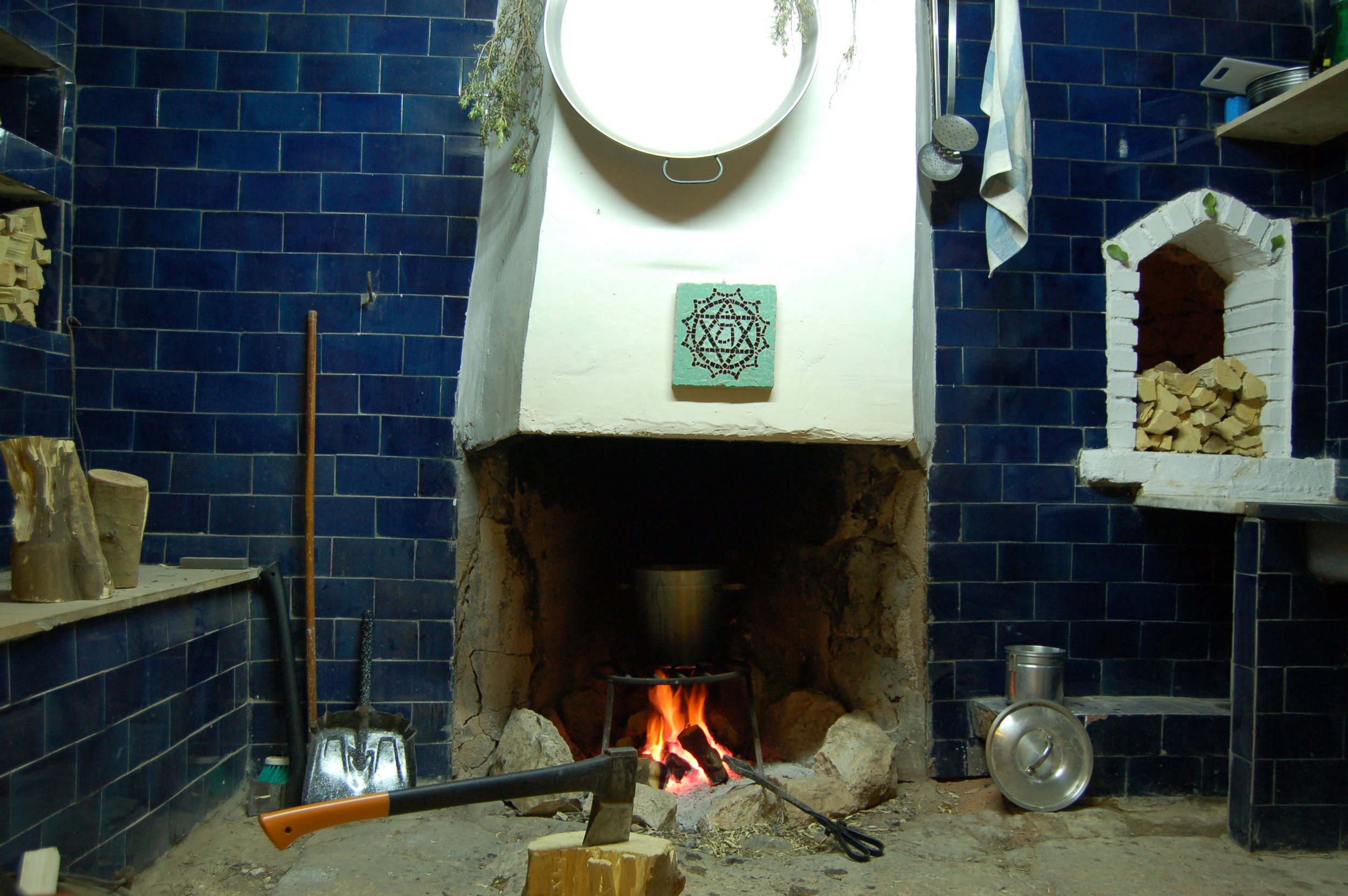 The living room fireplace