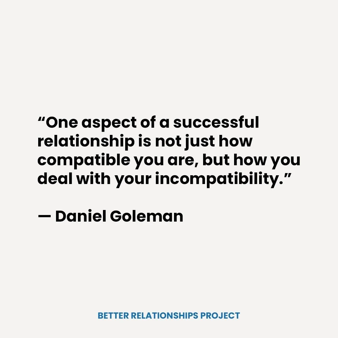 Dr. Daniel Goleman, author of Emotional Intelligence, states that while compatibility is a significant component of thriving relationships, the more important aspect is how we deal with incompatibility.
How partners move through conflict can have a