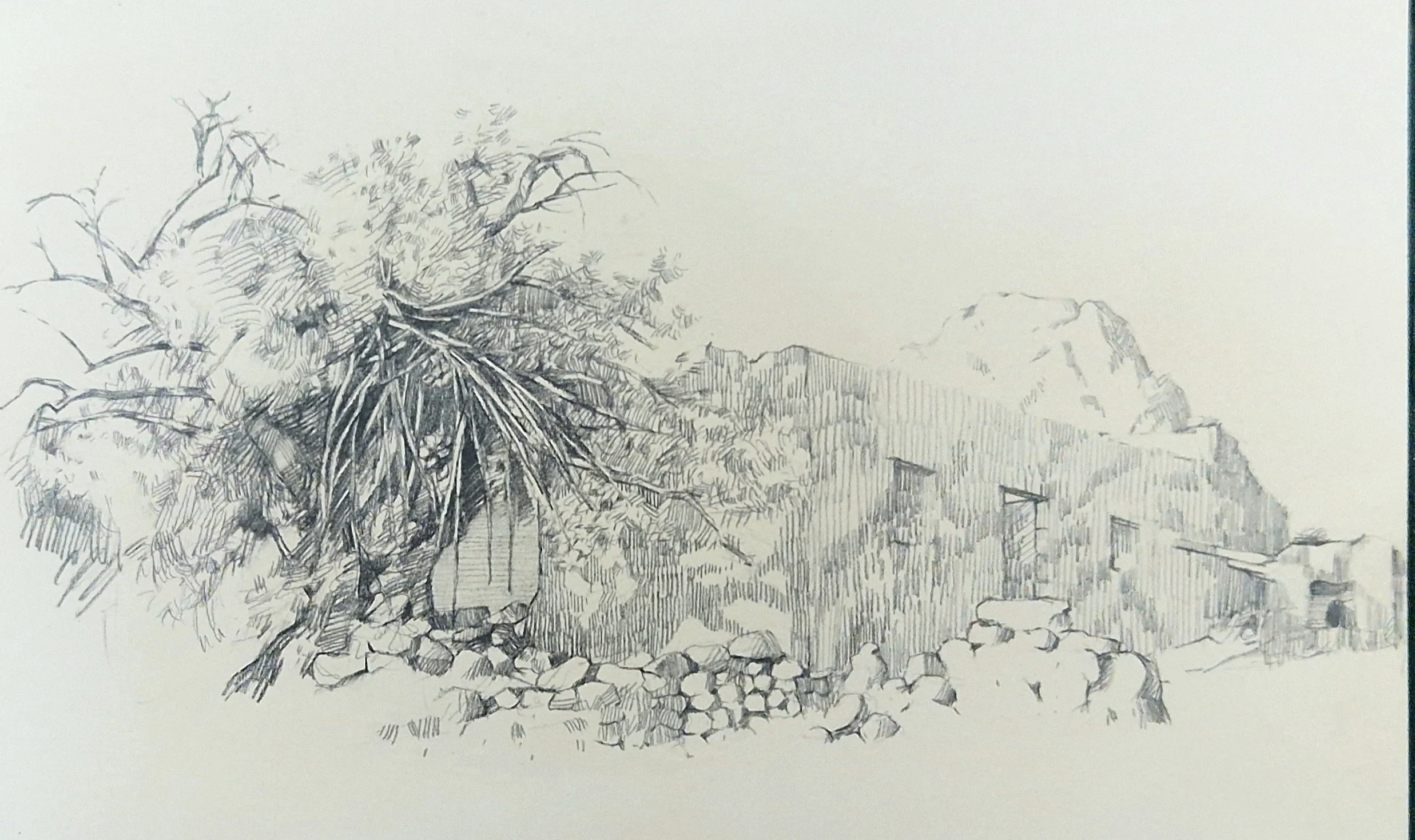 pencil drawing of deserted village, Sfakia Crete